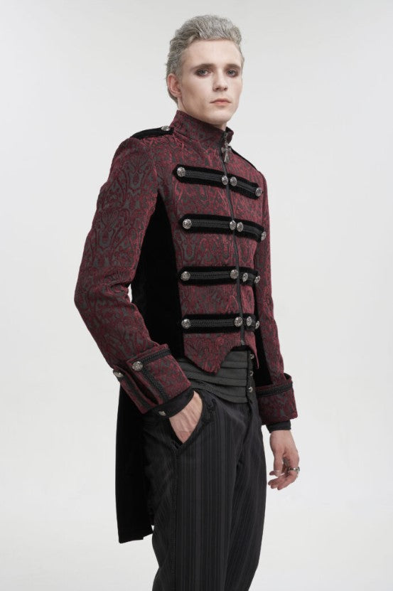 Red with Black Brocade Embroidered Long Tail Coat
