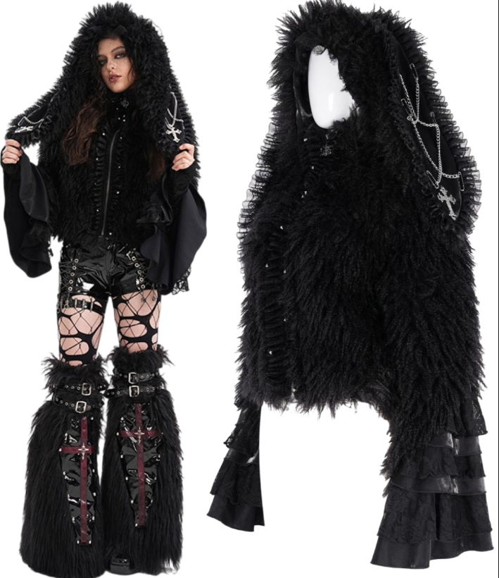 Faux fur Punk Jacket with cross Chain