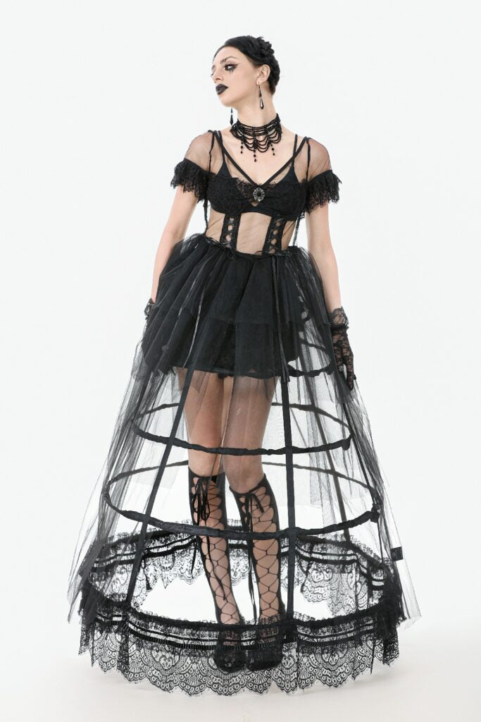Black satin lace petticoat with layered boning and bow details