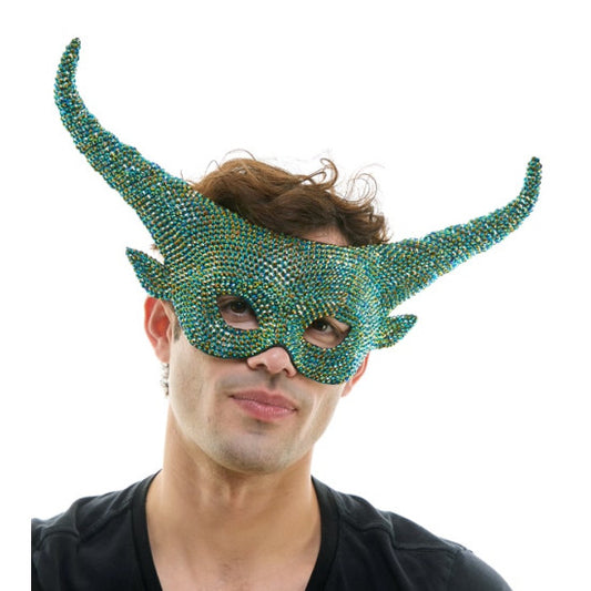 Green Rhinestone Horned Devil Mask