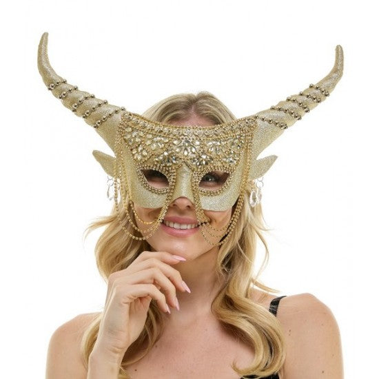 Gold Rhinestone Horned Fairy Mask with Chains