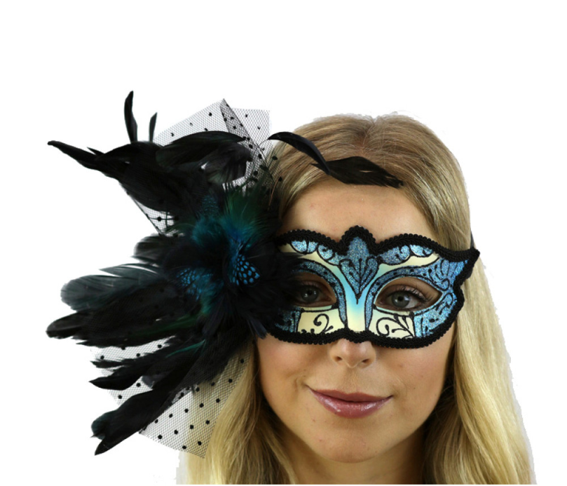 Sky Blue Feather Masquerade Mask