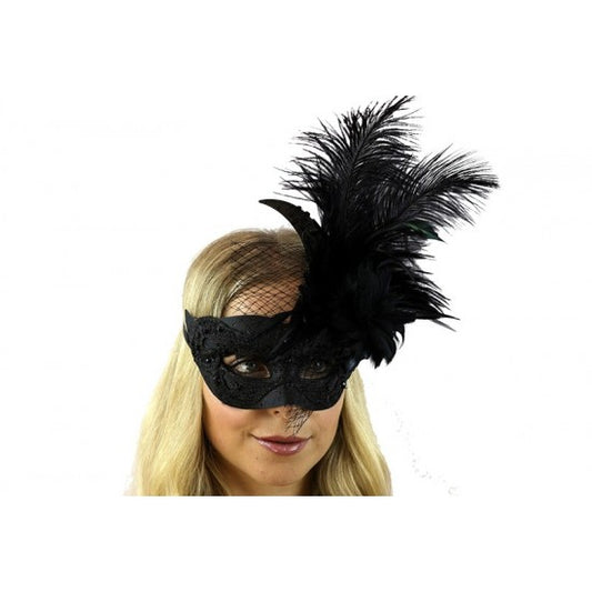 Black lace mask with feather