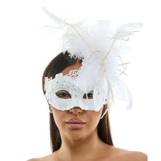 White Lace Fascinator Mask With Feather