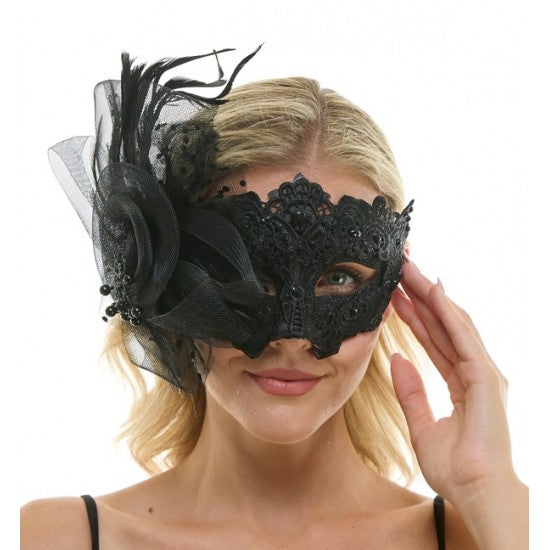 Black Lace Mask with Feathers