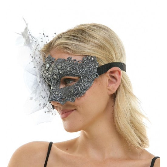 Black Lace Mask with Feathers