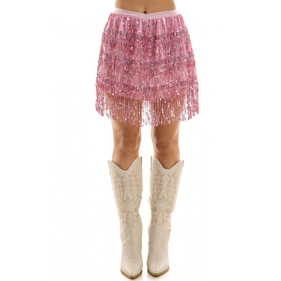 Pink Sequin Fringe Skirt