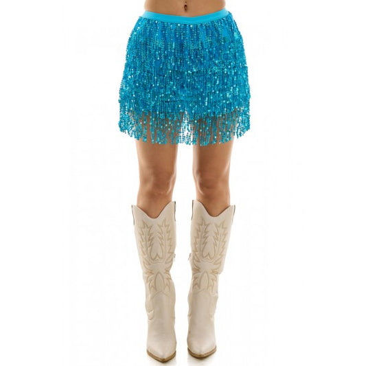 Turquoise Sequin Fringe Skirt