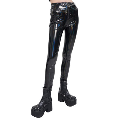 PU Holographic leather Pants with Velvet Pockets