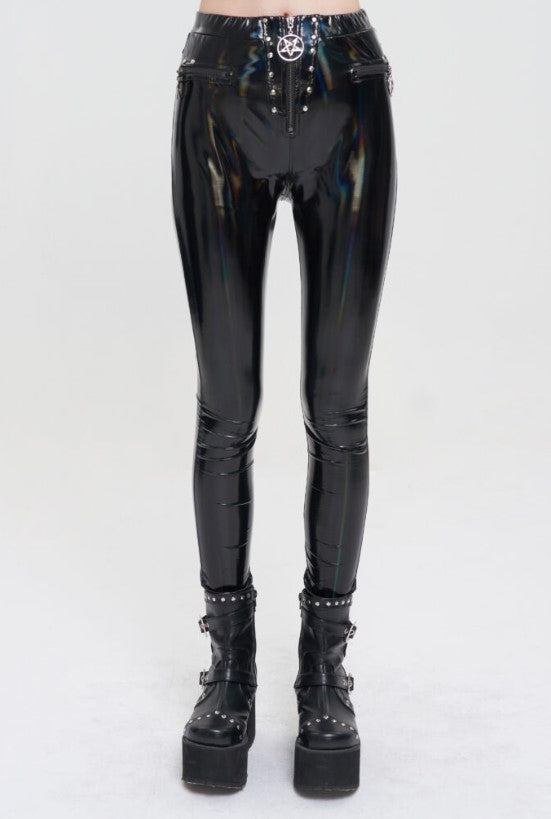 PU Holographic leather Pants with Velvet Pockets