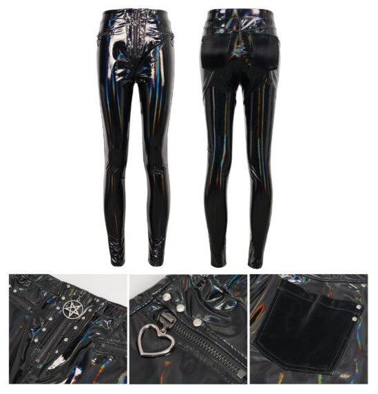 PU Holographic leather Pants with Velvet Pockets