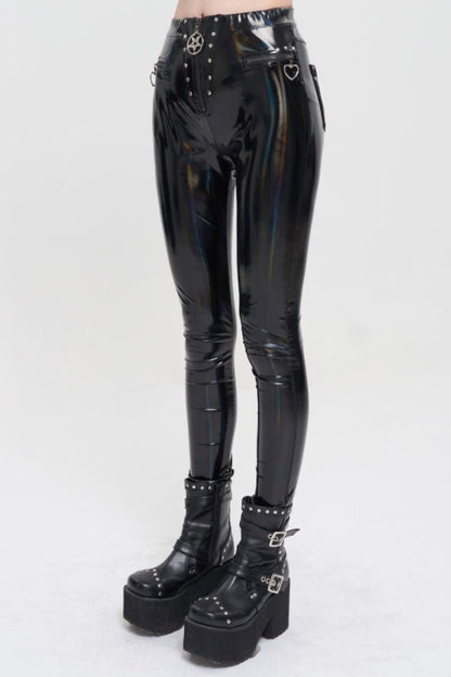 PU Holographic leather Pants with Velvet Pockets