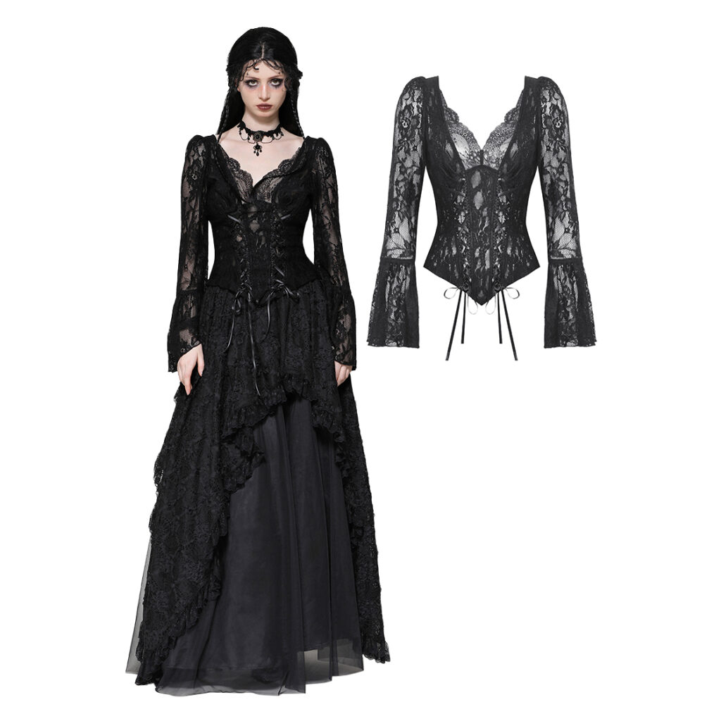 Gothic Dark Lace Sexy Deep V Neck Top