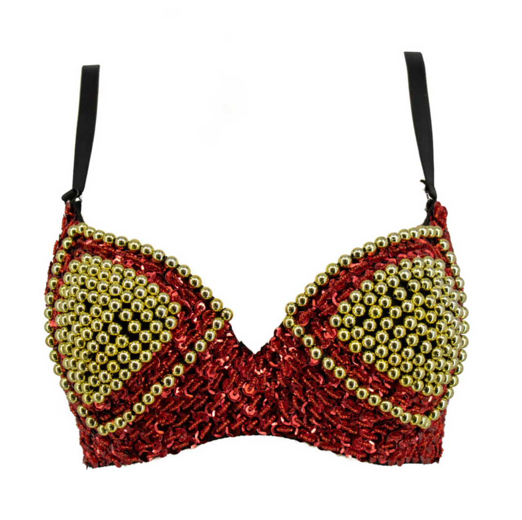 Beaded Sequins Bra, Red/Gold.