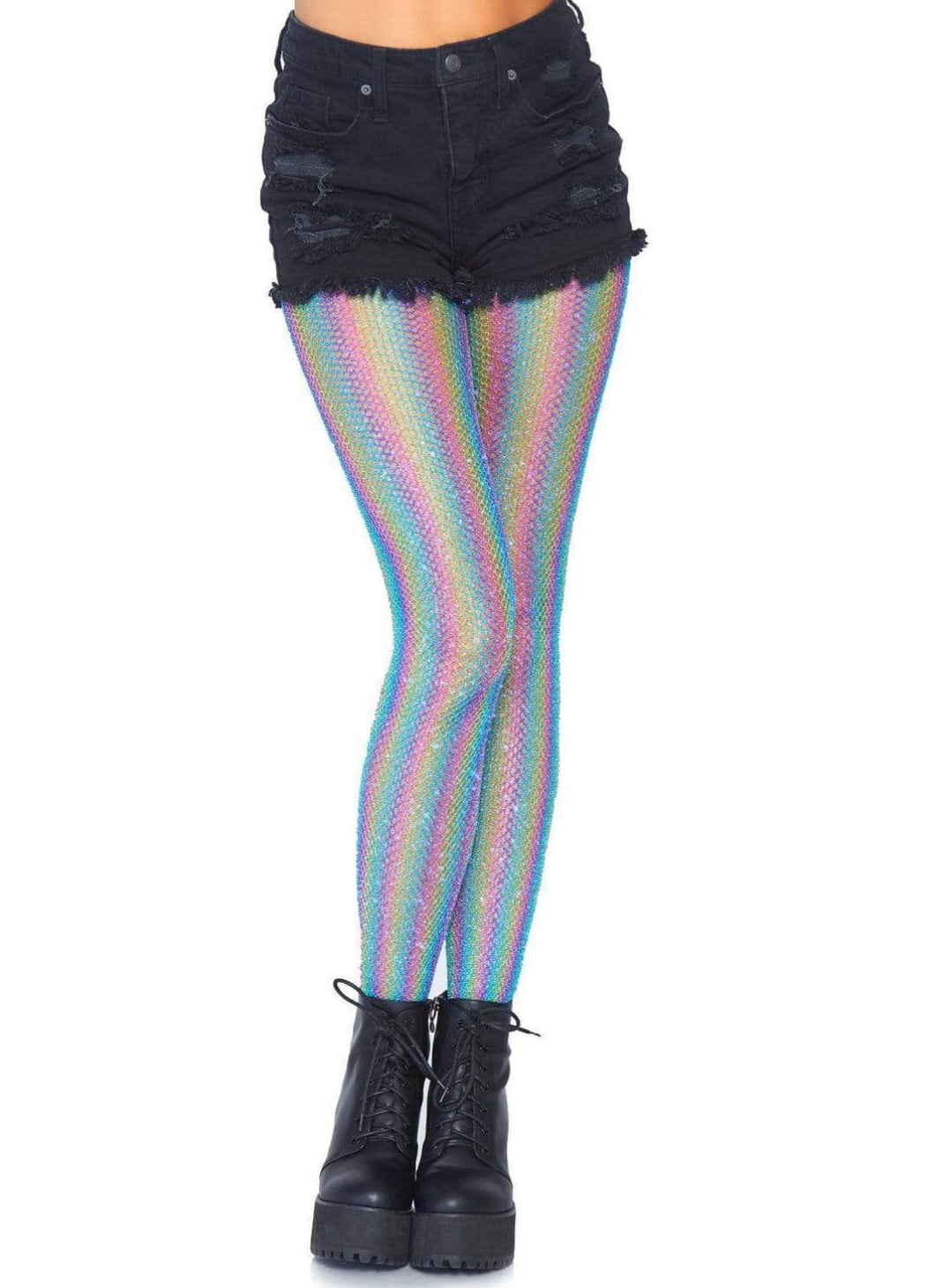 Colored lurex shimmer rainbow striped fishnet tight