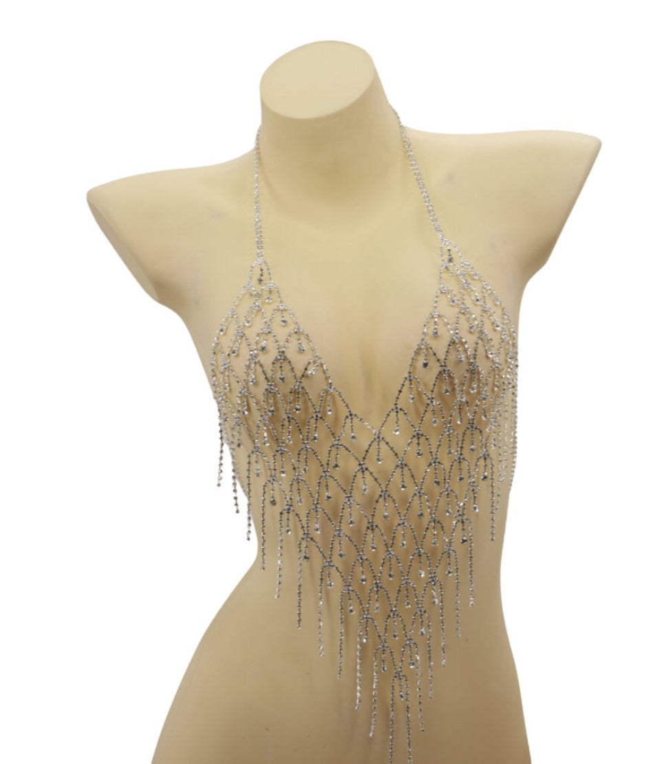 Diamond Fringe and Rhinestone Body Chain Halter Top