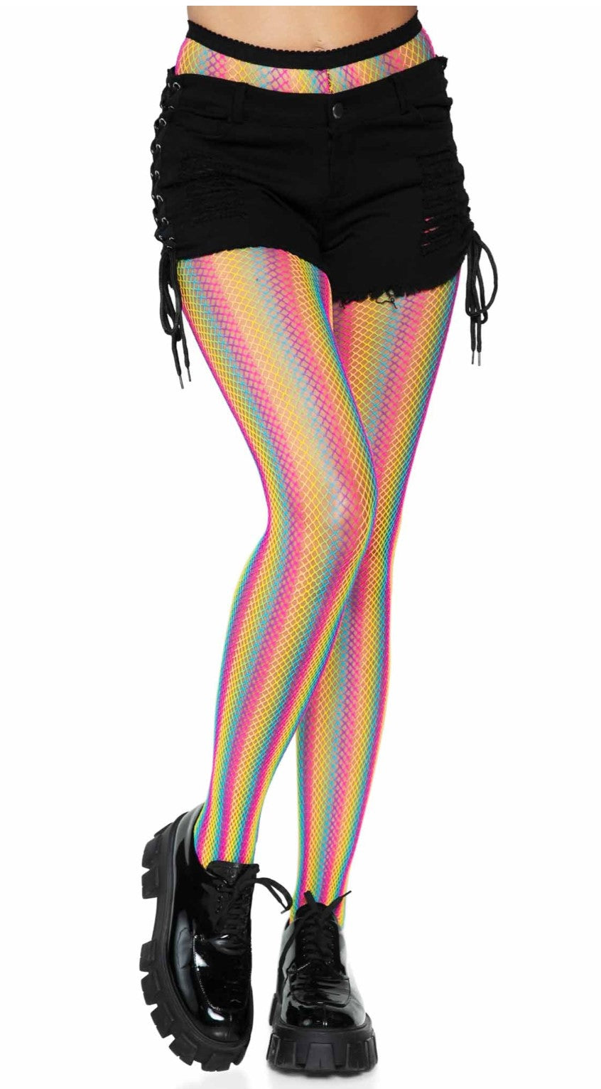 Neon Rainbow Striped Fishnet Pantyhose