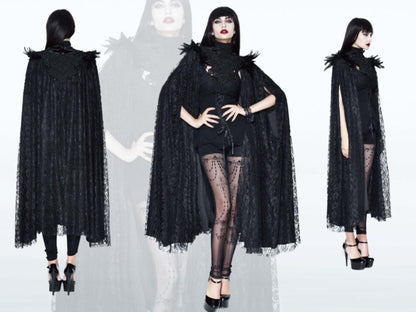 Gothic Long Layered Cape with Feather Shoulder Design