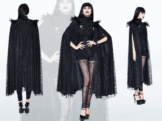Gothic Long Layered Cape with Feather Shoulder Design