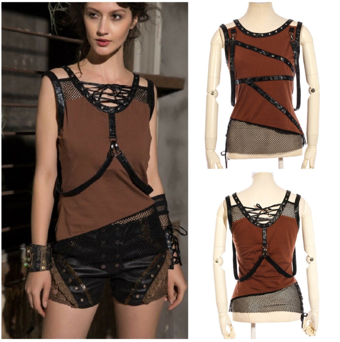 Brown Steampunk Corset Vest with Fishnet Hem