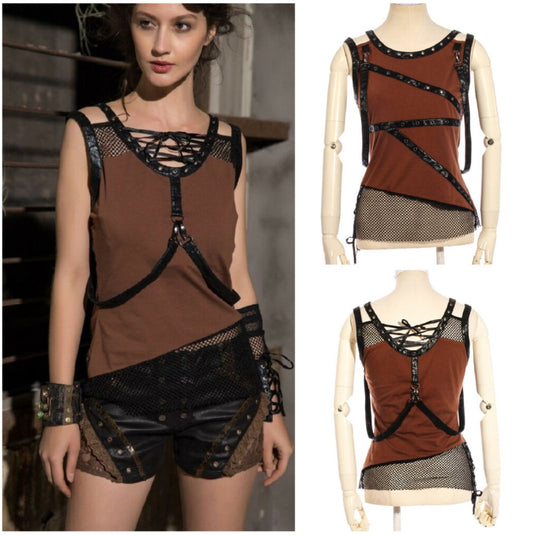 Brown Steampunk Corset Vest with Fishnet Hem