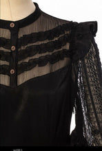 Load image into Gallery viewer, Black Lace Steampunk Dress with Ruffle Hem and Bishop Sleeves
