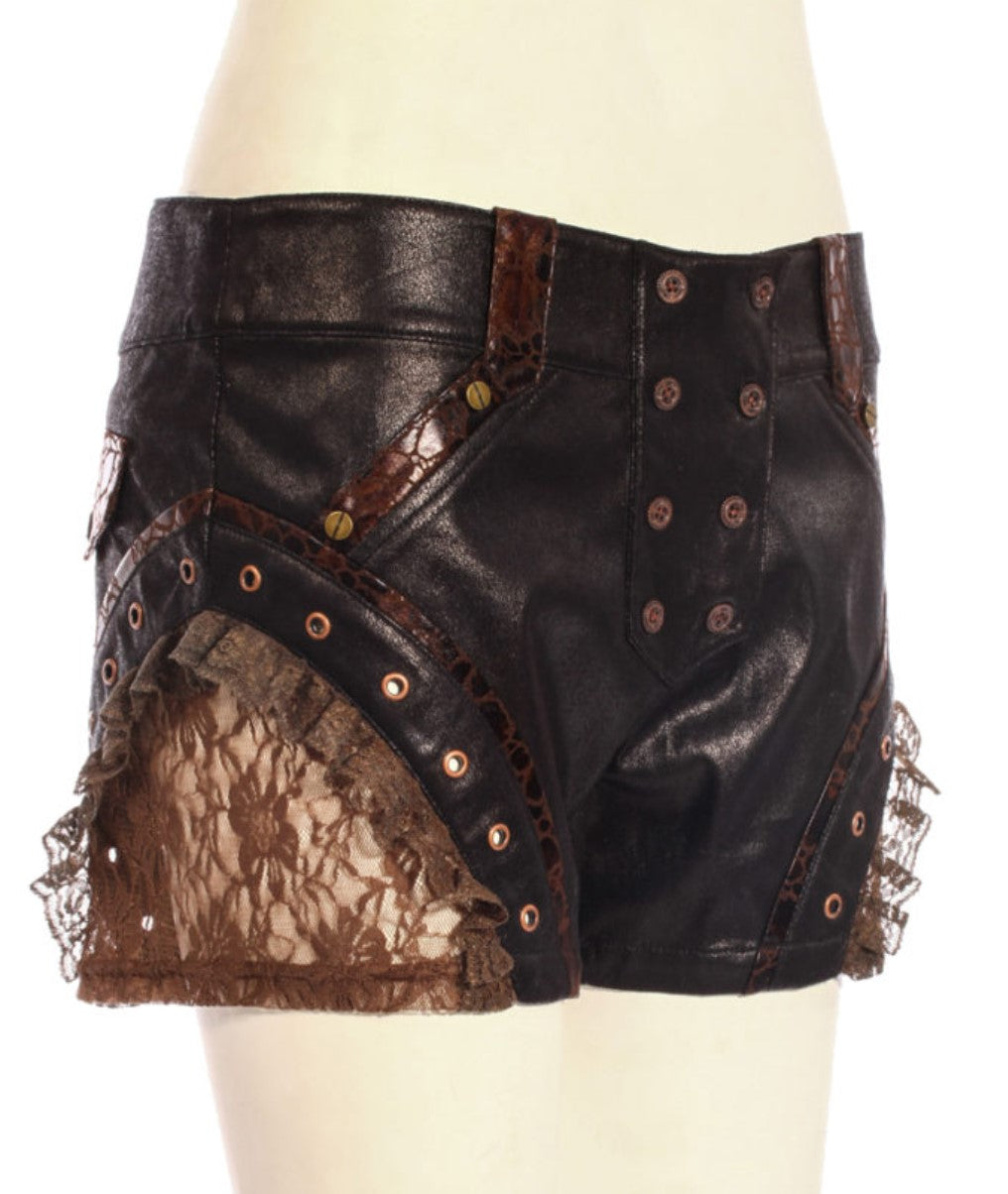 Steampunk Black Leatherette Shorts with Lace Hem Detail